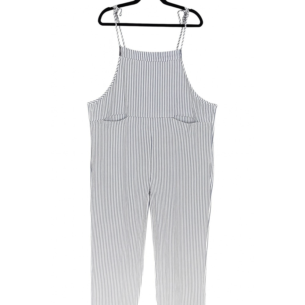 MISSLOOK Gray White Striped Cotton Blend Overalls Women's Large Adjustable Tie